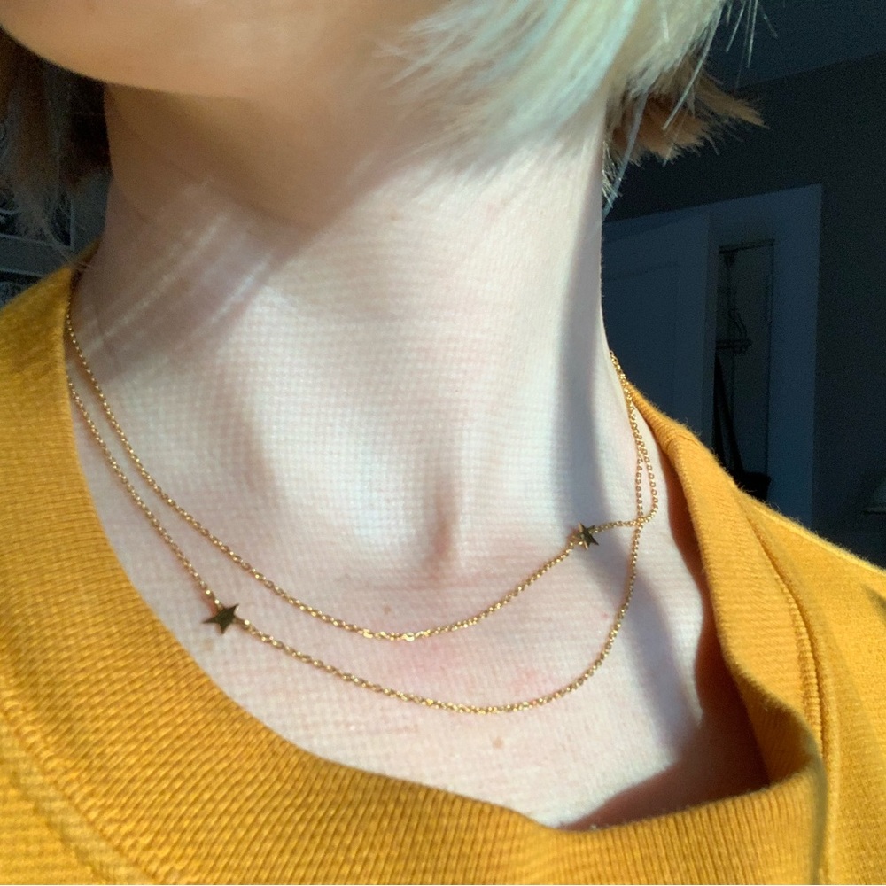 Star Double Necklace, Gold Double-Stranded with Two Stars, Dainty